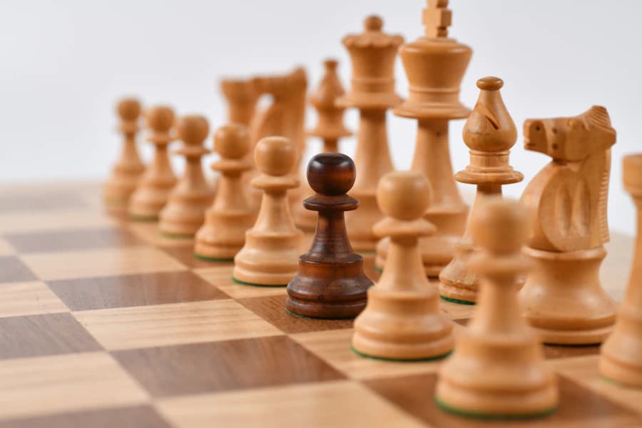 A close-up of pieces on a chessboard